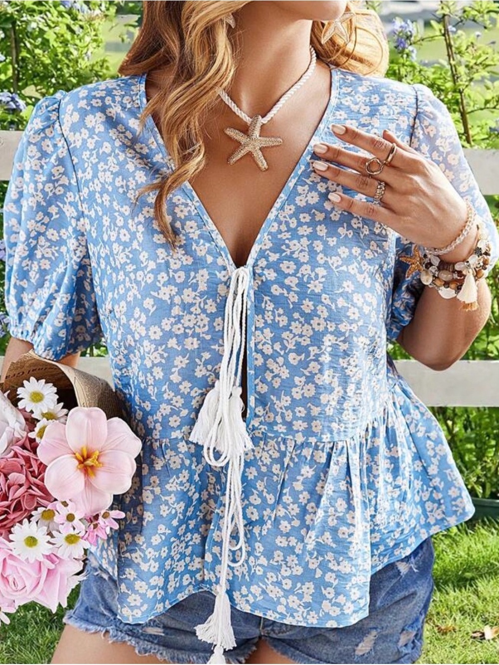 Plus Floral Print V neck Flounce Short Sleeve Blouse